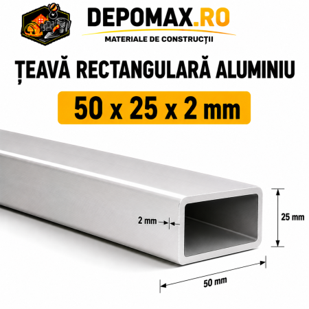 Teava rectangulara aluminiu 50 x 25 x 2 mm, 6 metri (EN AW-6060)